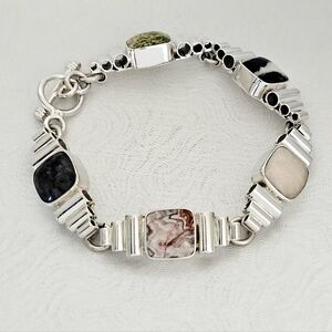 Silpada RARE Sterling Silver Multi Natural Stone Pipe Link Toggle Bracelet B0990